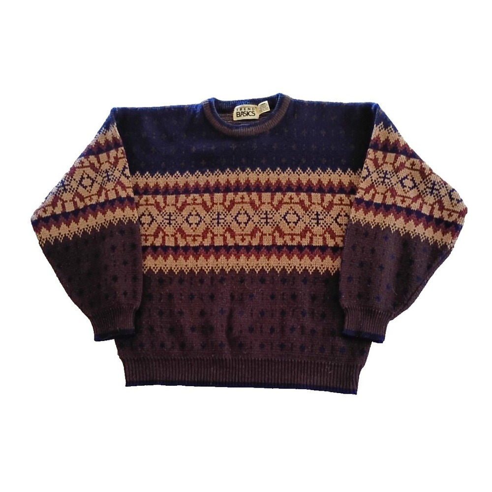 Vintage 90's Trends Basics Knit Nordic Fair Isle Grandpa Sweater XL 100% Acrylic
